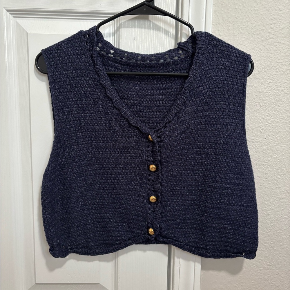 blue sweater button-up top